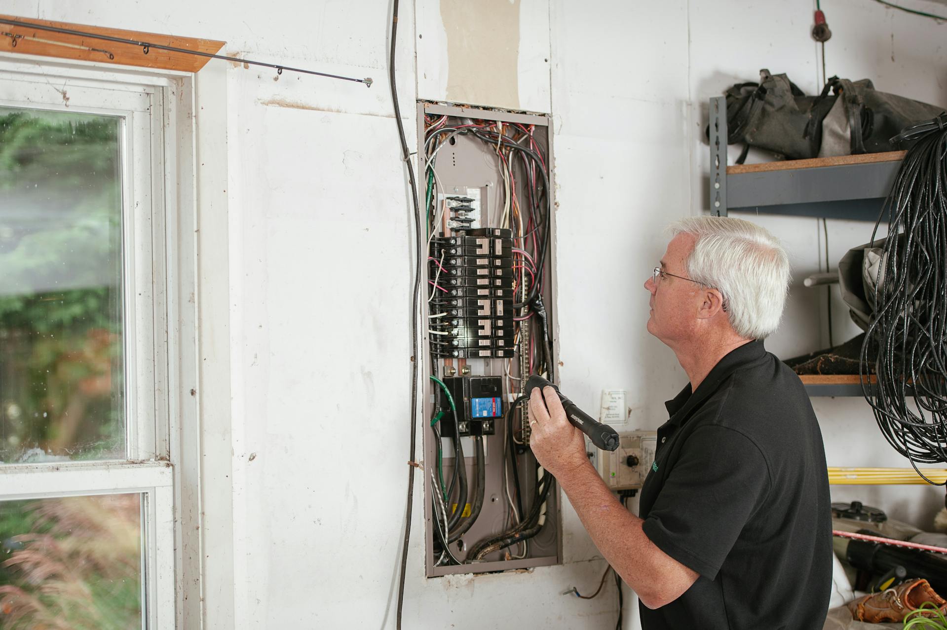 An electrician is working on an electrical panel.