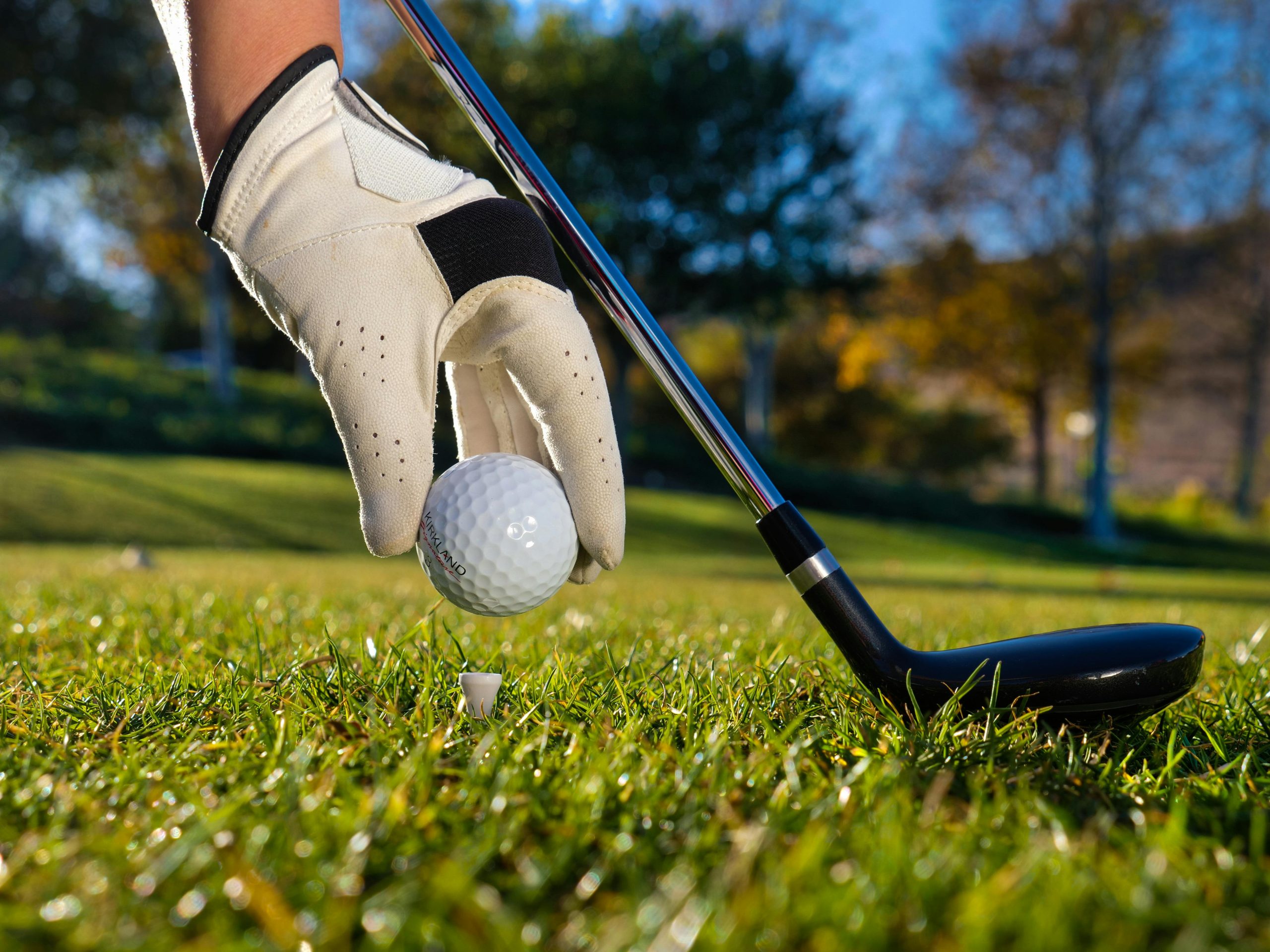 A golfer places the ball on the course.